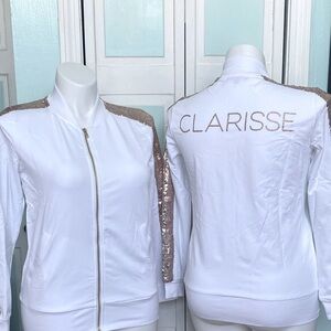 Clarisse Prom Rose Gold Glitter Sequin Athletic Zip up jacket NEW